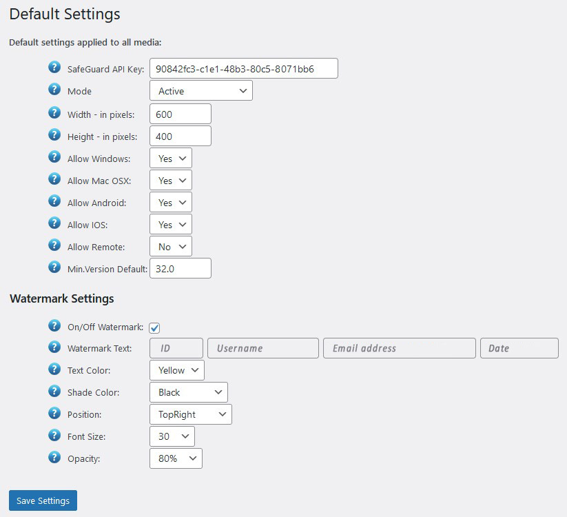 WordPress plugin settings for SafeGuard Media